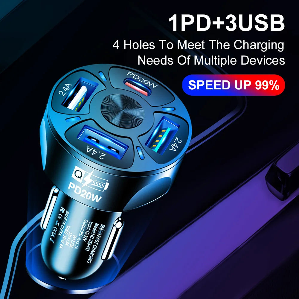 Ładowarka samochodowa 250 W z 4 portami, szybkie ładowanie PD QC3.0, USB, ładowarka samochodowa