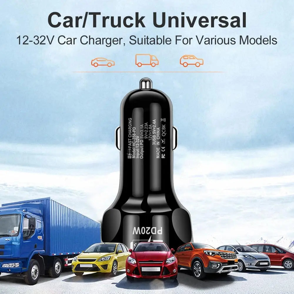 Ładowarka samochodowa 250 W z 4 portami, szybkie ładowanie PD QC3.0, USB, ładowarka samochodowa