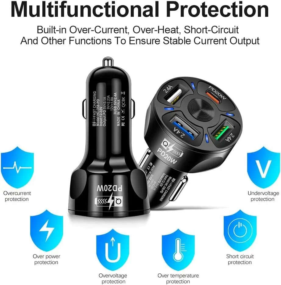 Ładowarka samochodowa 250 W z 4 portami, szybkie ładowanie PD QC3.0, USB, ładowarka samochodowa