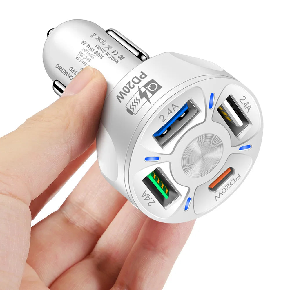 Ładowarka samochodowa 250 W z 4 portami, szybkie ładowanie PD QC3.0, USB, ładowarka samochodowa
