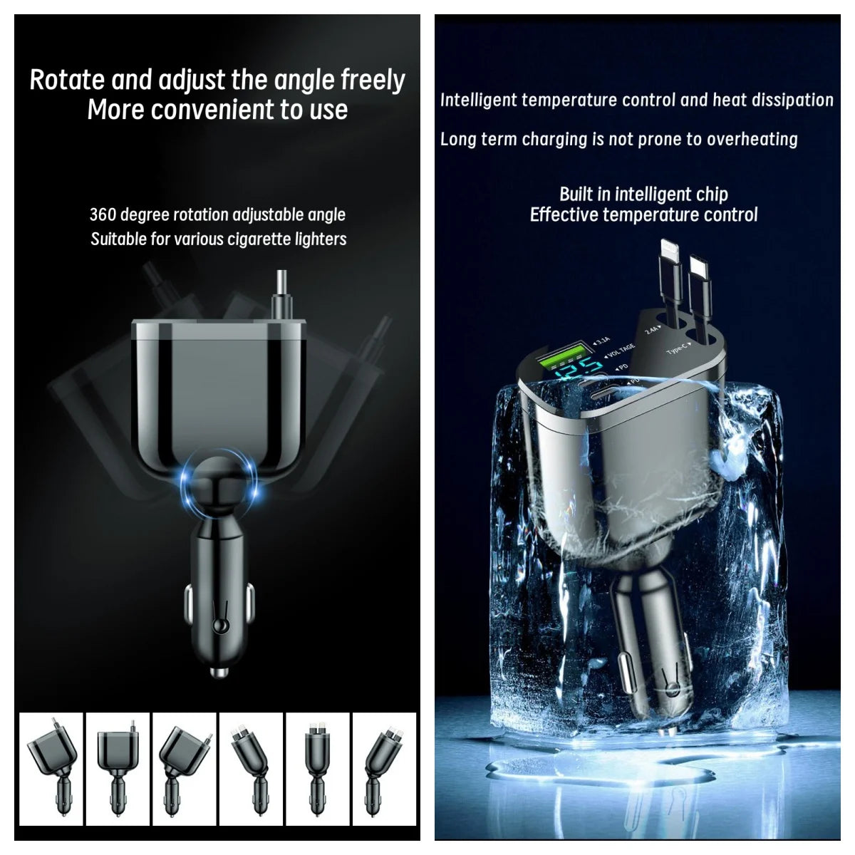 Ultraszybka ładowarka samochodowa USB do telefonu z inteligentnym wyświetlaczem cyfrowym i dwoma portami PD do wyświetlania napięcia